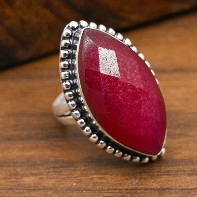 Faceted Ruby Lab-Created Gemstone Handmade 925 Sterling Silver Jewelry Ring - Image 1 of 4
