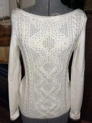 Suéter tejido con cable cuello barco tachonado plata mercado negro de la Casa Blanca, XS Foto 1 de 4