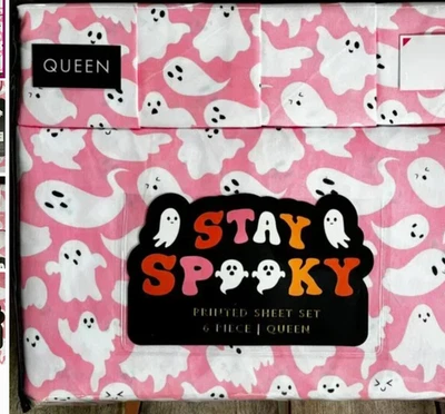 6 Piece PINK GHOSTS QUEEN SIZE Sheet Set HALLOWEEN (2 extra pillowcases) - Image 1 of 3
