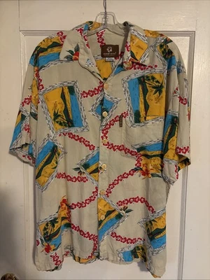 Mango Moon Mens Hawaiian Surfing Button Front Short Sleeve Shirt Lg Postcards - Image 1 of 4