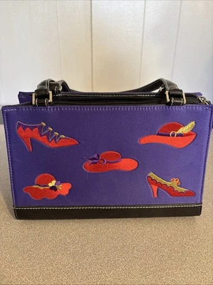 Vintage Purple Bag "Red Hat Society" Purse Embroidered Red/Gold/Purple Leather - Image 1 of 4
