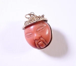 Carved Coral 14k Yellow Gold Double Side Chinese Warrior Face Charm Pendant - Picture 1 of 7