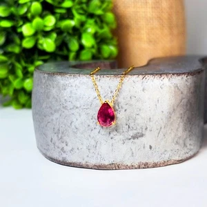 Dainty Ruby Birthstone Necklace – Pear Cut Gemstone Pendant – Minimalist July - Picture 1 of 12