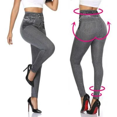 Women Faux Denim Jeans Look Pencil Pants Skinny Jeggings Push Up Leggings Shaper - Image 1 of 4