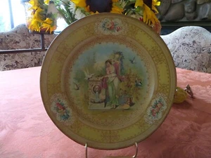 Antique Vintage The Art Wall Paper Mills Tin Litho 10" Plate Gold Grecian Woman - Picture 1 of 8