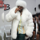 Mens Fashion New Real White Fox Fur Bomber Jacket Genuine Fur Nptched Lapel Coat
