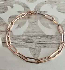 14k Rose Gold Paperclip Chain Bracelet - Dainty Gold 7.5" Paperclip 4.2mm Chain - Picture 1 of 8