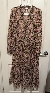 H&M Floral Maxi Dress Sheer Size XS Oversized Viscose Blend Tiered - Picture 1 of 4