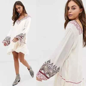 FREE PEOPLE Wild One cremerot bestickt langärmeliges Minikleid halbdurchsichtig S - Bild 1 von 9