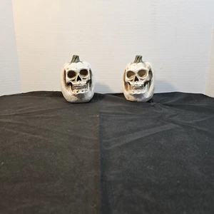 Pumpkin 4" Skeleton Skull Face 2 Pc Set Fall Halloween Decor Table Hard Plastic  - Picture 1 of 14