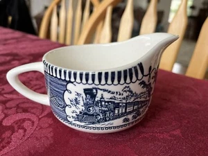 Currier and Ives Royal China Creamer Blue Underglaze Print "Express Train" - Picture 1 of 10