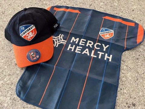 LOT OF 3: FC Cincinnati Soccer MLS Hat - Mascot Button - Jersey Rally Towel Cover