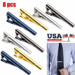 8pcs Mens Stainless Steel Tie Clip Necktie Bar Clasp Clamp Pin Gold Black Silver - Picture 1 of 12