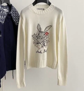 EUC Christian Dior Jardin Magique Bunny Floral Sweater Ecru Cashmere Wool Size 6 - Picture 1 of 9