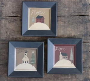 Decorative Wood Plates Set of 3 Faith Hope Love with Houses Primitive Decor 6 in - Picture 1 of 4