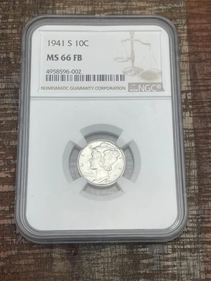 1941-S US 10c Mercury Dime NGC MS66 FB - Image 1 of 4