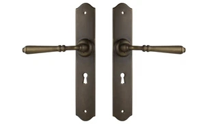 DOOR LEVERS PAIR-REIMS-ANTIQUE BRASS-SOLID FORGED-TRADCO-FRENCH PROVINCIAL STYLE - Picture 1 of 18