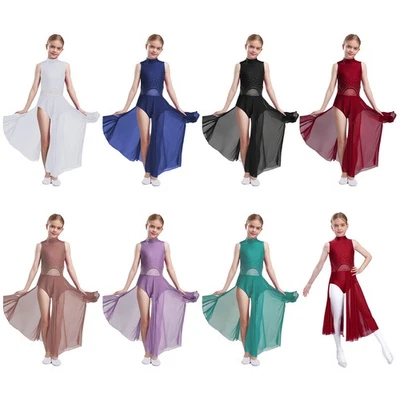 Kids Girls Dresses Lyrical Leotard Ballroom Dancewear Figure Ice Skating Dance - Image 1 of 4