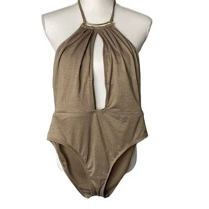 Kenneth Cole ladies tan taupe shiny one piece swimsuit plunge neck small - Picture 1 of 8