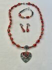Red Ceramic Bead Vintage Clip On Earring Bracelet Necklace Set Vintage Heart