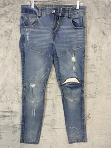 DRVN Jeans Herren 32 x 32 blau distressed Doppelknie helle Krallenwaschung Reißverschlusstasche Y2K - Bild 1 von 16