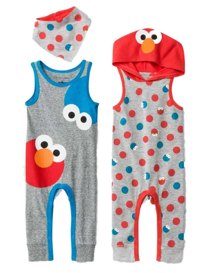 Sesame Street Infant Boys 2-Pk Elmo & Cookie Monster Romper Bodysuit Outfit NB - Image 1 of 1