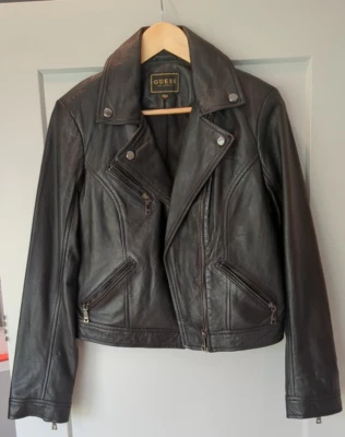 Guess Womens S 100% Sheeps Black Leather Moto Jacket - Image 1 of 4