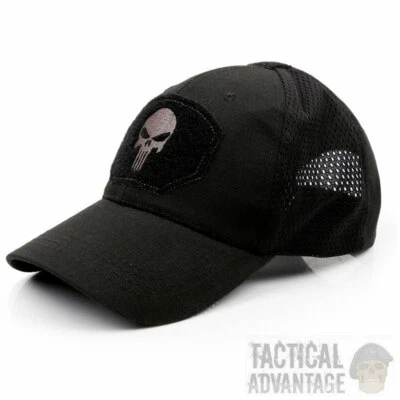Punisher Mesh Panel Black Baseball Cap Operators Hat Airsoft Military UK - Image 1 of 3