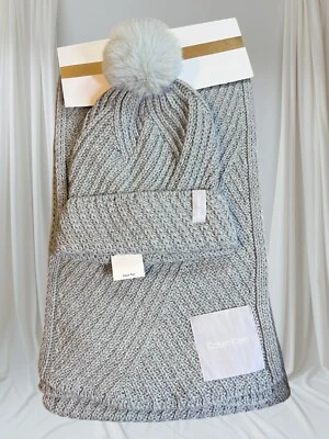 Calvin Klein Women’s Knit Beanie & Scarf Set - Gray Faux Fur Pom NEW - Image 1 of 4