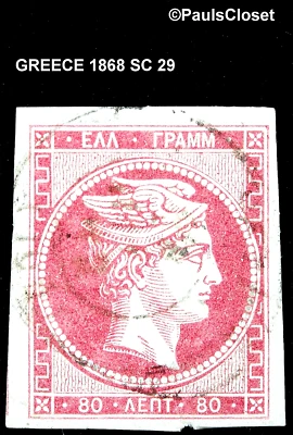 GRECIA 1868 SC 29 HERMES 80│ROSA CARMÍN SOBRE PAPEL ROSA PÁLIDO "80" SOBRE BK UNG F/VF Foto 1 de 2