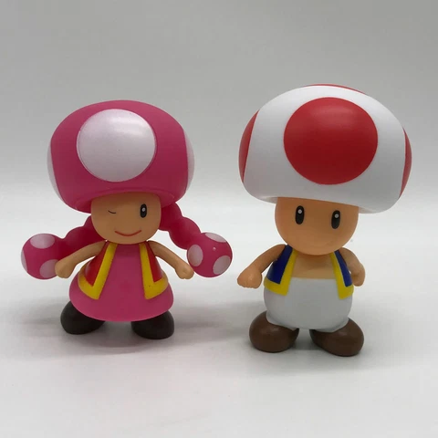 2PC Super Mario Bros. Toad & Toadette Mushroom Plastic Figure Toy 4" Collectible Cover
