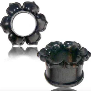 PAR DE TAPONES DE MADERA DE ÉBANO TALLADOS TAPONES DE FLORES DE LOTO MEDIDORES TAPÓN TÚNELES - Imagen 1 de 1