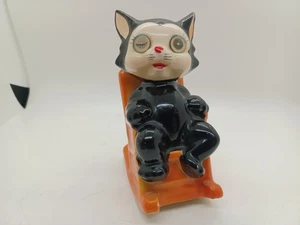 Vtg black cat Halloween lenticular winking eye orange rocking chair bank RARE - Picture 1 of 9