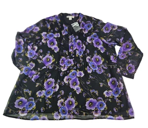 Coldwater Creek haut tunique transparent femme 3X noir floral froncé manches longues neuf - Photo 1/11