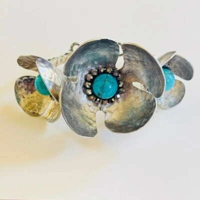 Pulsera brazalete BOHO floral escultural turquesa declaración flor brutalista ÚNICA EN SU CLASE Foto 1 de 4