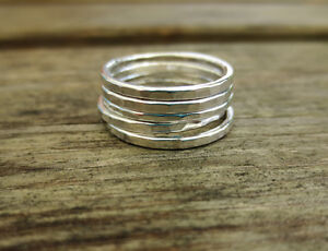 Set of Five Sterling Silver 1.5mm Hammered Stacking Rings