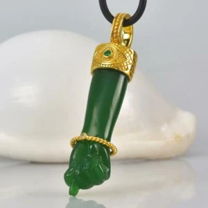 Gold Vermeil Sterling Mano Fico Figa Anhänger Chalzedon Smaragd Diamant 11.70 G - Bild 1 von 11