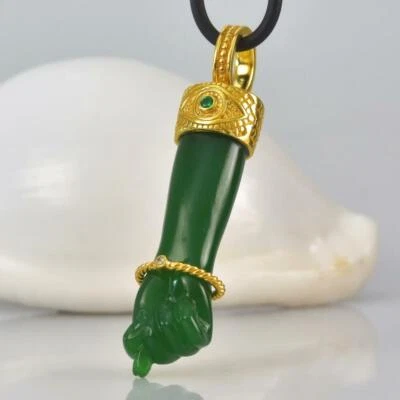 Gold Vermeil Sterling Mano Fico Figa Anhänger Chalzedon Smaragd Diamant 11.70 G - Bild 1 von 4