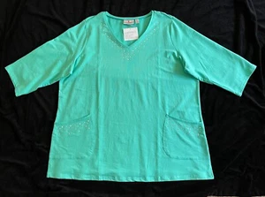 Quacker Factory Green Rhinestone V-Neck w/Stretch 3/4 Sleeve 2X Petite NWT - Picture 1 of 5