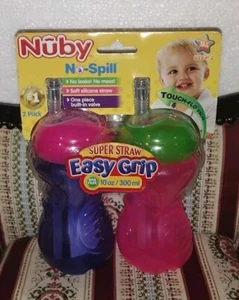 Nuby 2 Pack No-Spill Super Straw Easy Grip Cup Set Pink Purple 9m + New 10oz - Picture 1 of 5