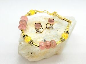 Cherry Quartz Golden Bracelet(7.5in), Big Clasp, Cat Charm Cat's Eye Earrings