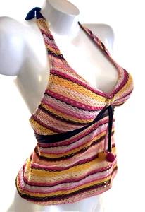 Limited Too MOD Go-Go Halter Tankini Top Girls 16 Bright Stripe Crochet Ball NEW - Picture 1 of 17