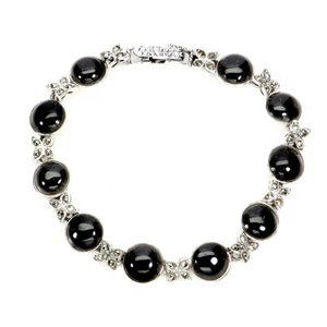925 Argento Sterling Bracciale Tondo Nero Spinello 9mm Marcasite Gemma Gioielli - Foto 1 di 13