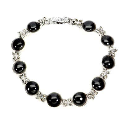 925 Argento Sterling Bracciale Tondo Nero Spinello 9mm Marcasite Gemma Gioielli - Immagine 1 di 4