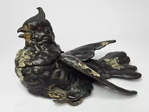 RARE Antique GESCHUTZT Cold Painted Austrian Bronze INKWELL Bird Pigeon Ca. 1900 - Picture 1 of 15