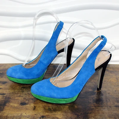 MARC FISHER Denise 6 Blue Green Suede Heels Color Block Pumps Platform Slingback - Image 1 of 4