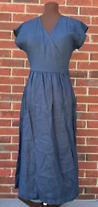 NWT C&A 100% Linen Midi Wrap Dress 36 (S) Solid Navy Blue Cap Sleeve - Picture 1 of 17
