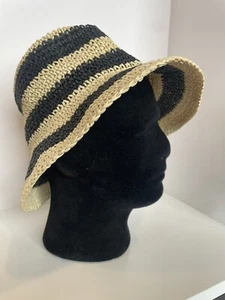 H&M Paper Straw Bucket Hat Striped Beige/Black Size M / 56 - Picture 1 of 7