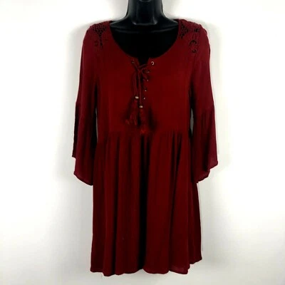 Vestido Clover Scout M Rojo Arrugas Crochet Boho Mini Cambio Campana Manga Cordones 3/7 Foto 1 de 4