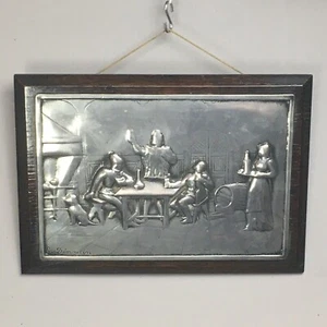 Repoussé Tavern Scene relief wall plaque signed Demoulin - white metal / pewter - Picture 1 of 13